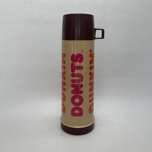 VTG 90's Dunkin' Donuts Thermos  w/ Cup Beige / Brown Logo Spellout Canada Made